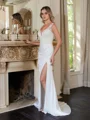Sheath/Column Charmeuse Lace V-neck Sleeveless Sweep/Brush Train Wedding Dresses