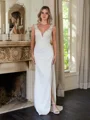 Sheath/Column Charmeuse Lace V-neck Sleeveless Sweep/Brush Train Wedding Dresses