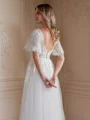 A-Line/Princess Tulle Lace V-neck Short Sleeves Floor-Length Wedding Dresses