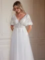 A-Line/Princess Tulle Lace V-neck Short Sleeves Floor-Length Wedding Dresses