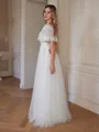 A-Line/Princess Tulle Lace V-neck Short Sleeves Floor-Length Wedding Dresses