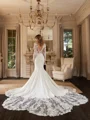 Sheath/Column Stretch Crepe Lace Scoop Long Sleeves Cathedral Train Wedding Dresses