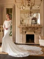 Sheath/Column Stretch Crepe Lace Scoop Long Sleeves Cathedral Train Wedding Dresses