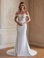 Sheath/Column Stretch Crepe Lace Off-the-Shoulder Sleeveless Court Train Wedding Dresses