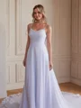 A-Line/Princess Chiffon Lace Spaghetti Straps Sleeveless Chapel Train Wedding Dresses