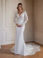 Sheath/Column Stretch Crepe Lace V-neck Long Sleeves Cathedral Train Wedding Dresses