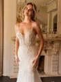 Trumpet/Mermaid Tulle Lace V-neck Sleeveless Cathedral Train Wedding Dresses