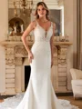 Sheath/Column Stretch Crepe Lace V-neck Sleeveless Cathedral Train Wedding Dresses