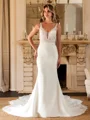 Sheath/Column Stretch Crepe Lace V-neck Sleeveless Cathedral Train Wedding Dresses