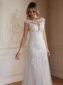 Sheath/Column Tulle Lace Scoop Sleeveless Court Train Wedding Dresses