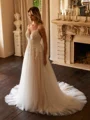 A-Line/Princess Tulle Applique V-neck Sleeveless Court Train Wedding Dresses