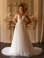 A-Line/Princess Tulle Applique V-neck Sleeveless Court Train Wedding Dresses