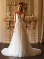 A-Line/Princess Tulle Applique V-neck Sleeveless Court Train Wedding Dresses