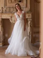 A-Line/Princess Organza Lace V-neck Short Sleeves Court Train Wedding Dresses