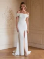 Sheath/Column Stretch Crepe Ruched Off-the-Shoulder Sleeveless Sweep/Brush Train Wedding Dresses
