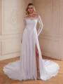 A-Line/Princess Satin Chiffon Lace Off-the-Shoulder Long Sleeves Cathedral Train Wedding Dresses