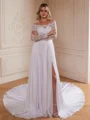 A-Line/Princess Satin Chiffon Lace Off-the-Shoulder Long Sleeves Cathedral Train Wedding Dresses