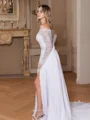 A-Line/Princess Satin Chiffon Lace Off-the-Shoulder Long Sleeves Cathedral Train Wedding Dresses