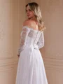 A-Line/Princess Satin Chiffon Lace Off-the-Shoulder Long Sleeves Cathedral Train Wedding Dresses