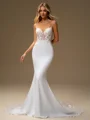 Sheath V-neck Appliques Lace Cathedral Train Stretch Crepe Corset Wedding Dress