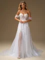 A-line Off-the-Shoulder Appliques Lace Chapel Train Tulle Corset Wedding Dress