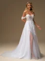 A-line Off-the-Shoulder Appliques Lace Chapel Train Tulle Corset Wedding Dress