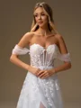 A-line Off-the-Shoulder Appliques Lace Chapel Train Tulle Corset Wedding Dress