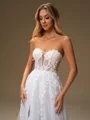 A-line Off-the-Shoulder Appliques Lace Chapel Train Tulle Corset Wedding Dress