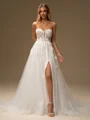 A-line Sweetheart Long Sleeves Appliques Lace Chapel Train Tulle Corset Wedding Dress