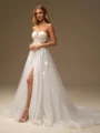A-line Sweetheart Long Sleeves Appliques Lace Chapel Train Tulle Corset Wedding Dress