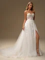 A-line Sweetheart Long Sleeves Appliques Lace Chapel Train Tulle Corset Wedding Dress