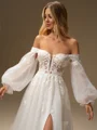 A-line Sweetheart Long Sleeves Appliques Lace Chapel Train Tulle Corset Wedding Dress