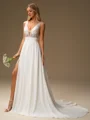 A-line V-neck Sequin Court Train 30D Chiffon Wedding Dress