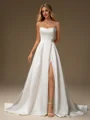 A-line Straight Pleated Court Train Satin Wedding Dress