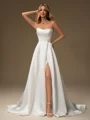 A-line Straight Pleated Court Train Satin Wedding Dress
