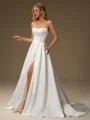 A-line Straight Pleated Court Train Satin Wedding Dress