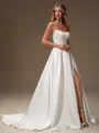 A-line Straight Pleated Court Train Satin Wedding Dress