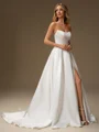 A-line Straight Pleated Court Train Satin Wedding Dress