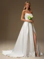 A-line Straight Pleated Court Train Satin Wedding Dress
