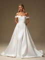 Sheath Off-the-Shoulder Flower Court Train Satin Convertible Wedding Dress