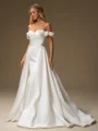 Sheath Off-the-Shoulder Flower Court Train Satin Convertible Wedding Dress