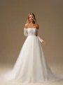 A-line Off-the-Shoulder Long Sleeves Appliques Lace Chapel Train Tulle Corset Wedding Dress