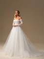 A-line Off-the-Shoulder Long Sleeves Appliques Lace Chapel Train Tulle Corset Wedding Dress