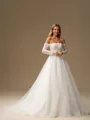 A-line Off-the-Shoulder Long Sleeves Appliques Lace Chapel Train Tulle Corset Wedding Dress