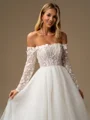 A-line Off-the-Shoulder Long Sleeves Appliques Lace Chapel Train Tulle Corset Wedding Dress