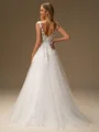 A-line Scoop Appliques Lace Sweep Train Tulle Wedding Dress
