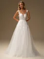 A-line Scoop Appliques Lace Sweep Train Tulle Wedding Dress