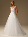 A-line Scoop Appliques Lace Sweep Train Tulle Wedding Dress