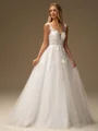 A-line Scoop Appliques Lace Sweep Train Tulle Wedding Dress