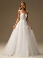 A-line Scoop Appliques Lace Sweep Train Tulle Wedding Dress